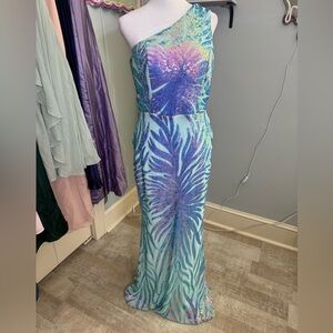 Aqua & Purple Sequin One-Shoulder Evening Gown
